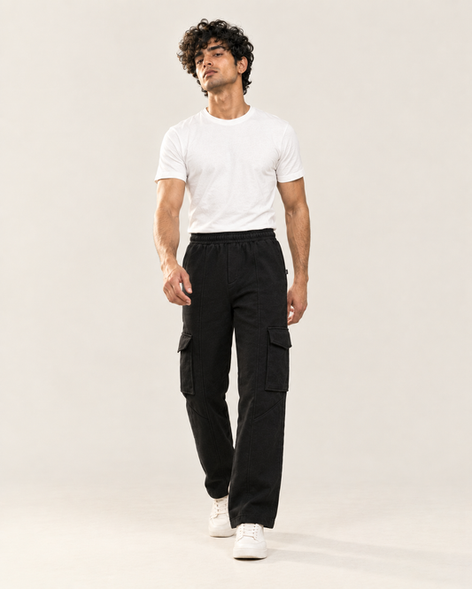 Black Cargo Six Pocket Trouser — 320 GSM Fleece
