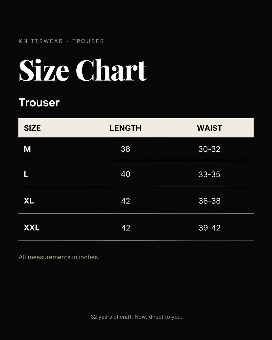 Size chart for Black Cargo Six Pocket Trouser — 320 GSM Fleece
