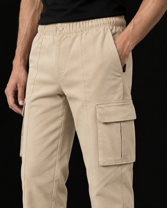 Ecru  Beige Cargo Six Pocket Trouser — 320 GSM Fleece